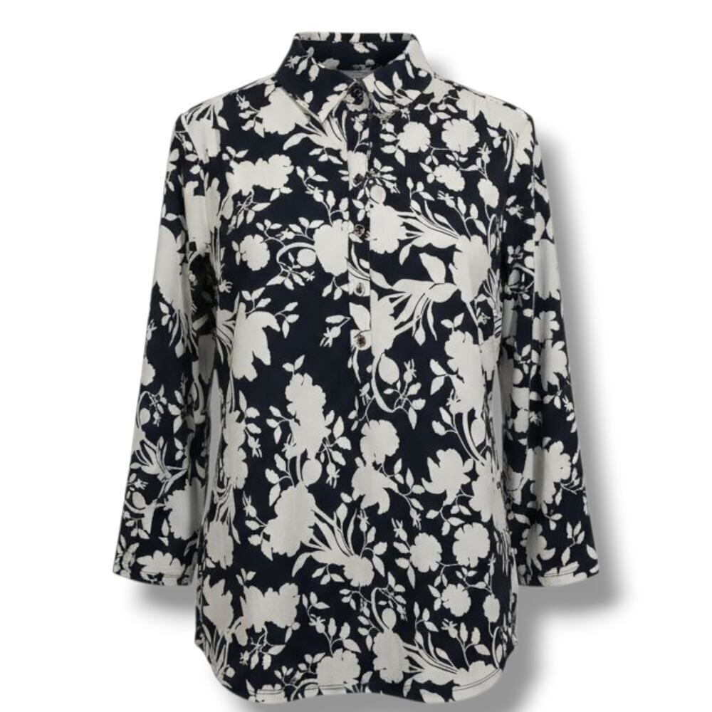 Charter Club Women’s Floral Print Blouse Midnight Blue White Button Front Top L